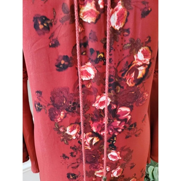 Altar’d State Red Floral Lace Up Boho Bell Sleeve V Neck Knee Length Dress Small - Picture 3 of 14